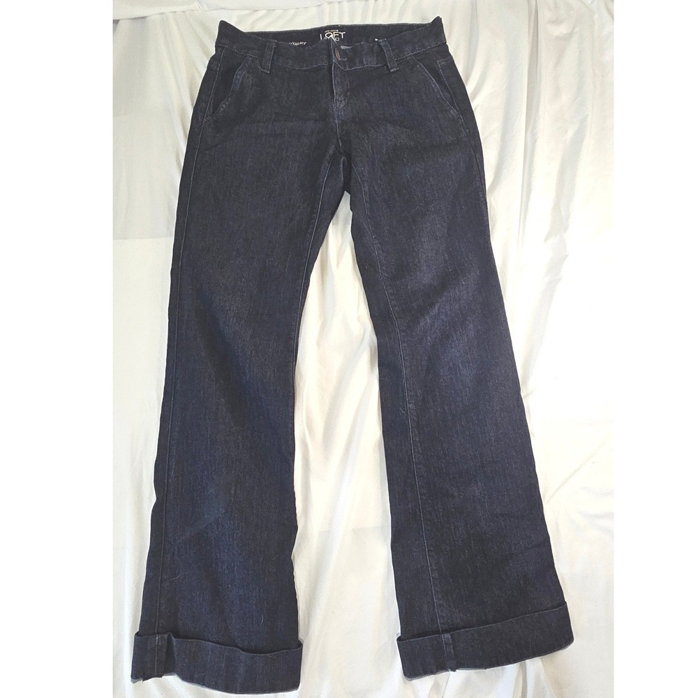 Ann Taylor LOFT Curvy Trouser Jeans Dark Indigo Wide Leg Cuffed Size 0